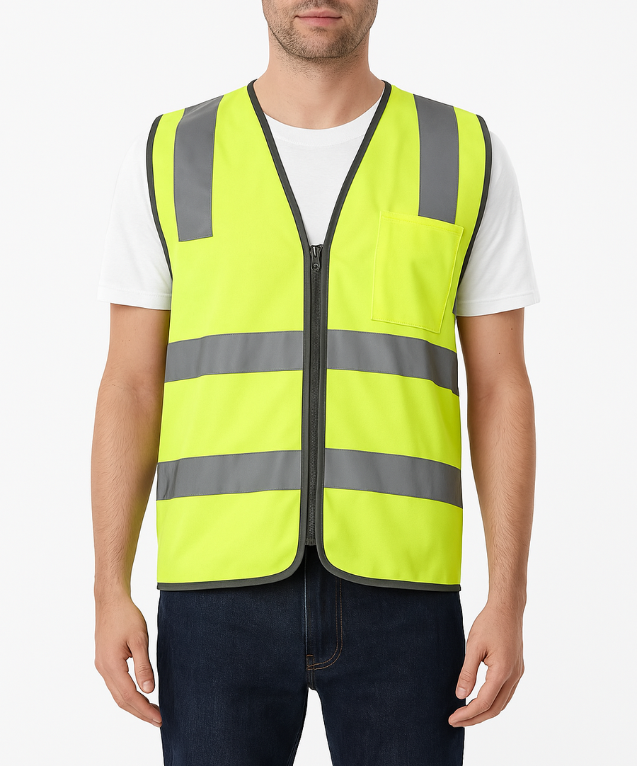 Hi Vis Safety Vest Reflective Tape Zip Up Workwear Pocket High Visibility in Yellow - M - SuperSaverAU - view 1