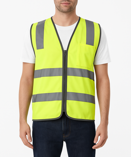 Hi Vis Safety Vest Reflective Tape Zip Up Workwear Pocket High Visibility in Yellow - XL