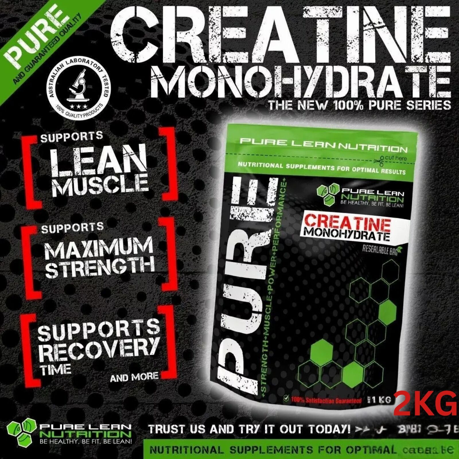PURE Lean Nutrition Creatine Monohydrate 2KG - HPLC Tested Muscle Growth Supplement - SuperSaverAU - view 2