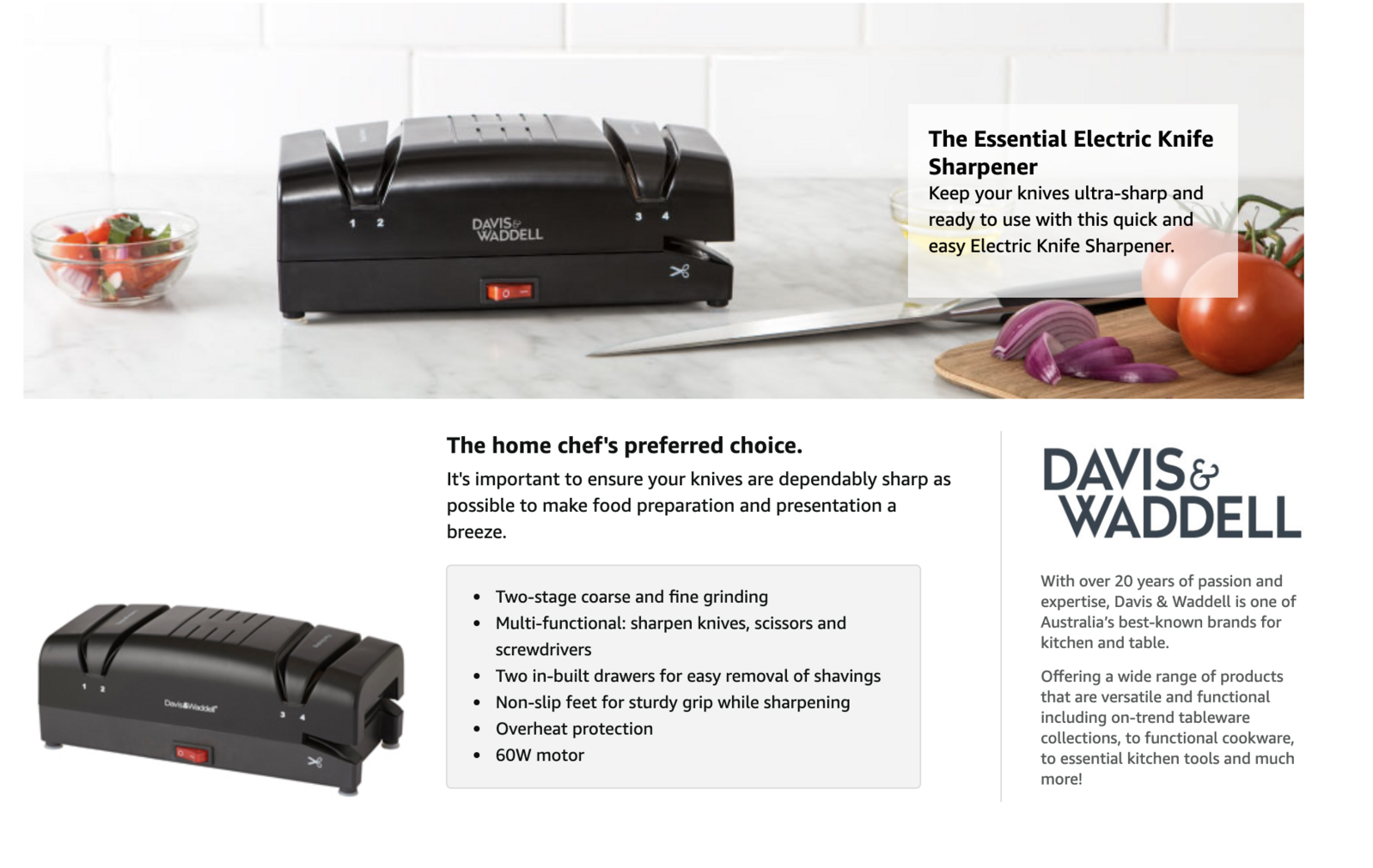 Premium Davis & Waddell Electric Knife Sharpener with 60W Motor