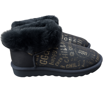 Womens Australian Sheepskin Wool Fur Mini UGG Ankle Boots in Gold Black - 9