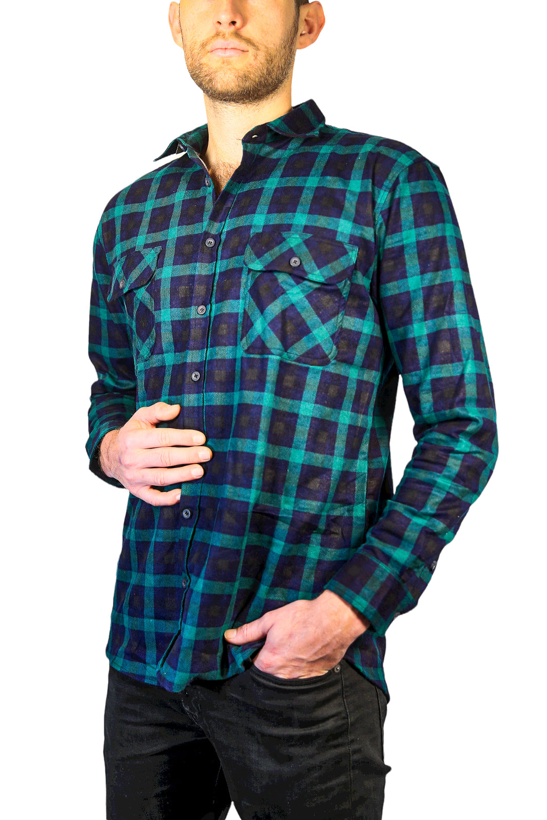 Premium Men's Green Navy 100% Cotton Flannelette Shirt XL