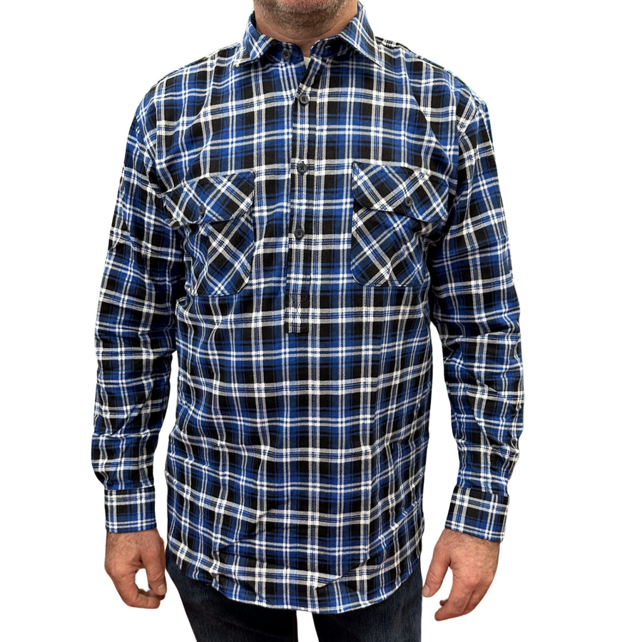 Premium Men's Blue Black 100% Cotton Half Placket Flannelette Shirt XXL