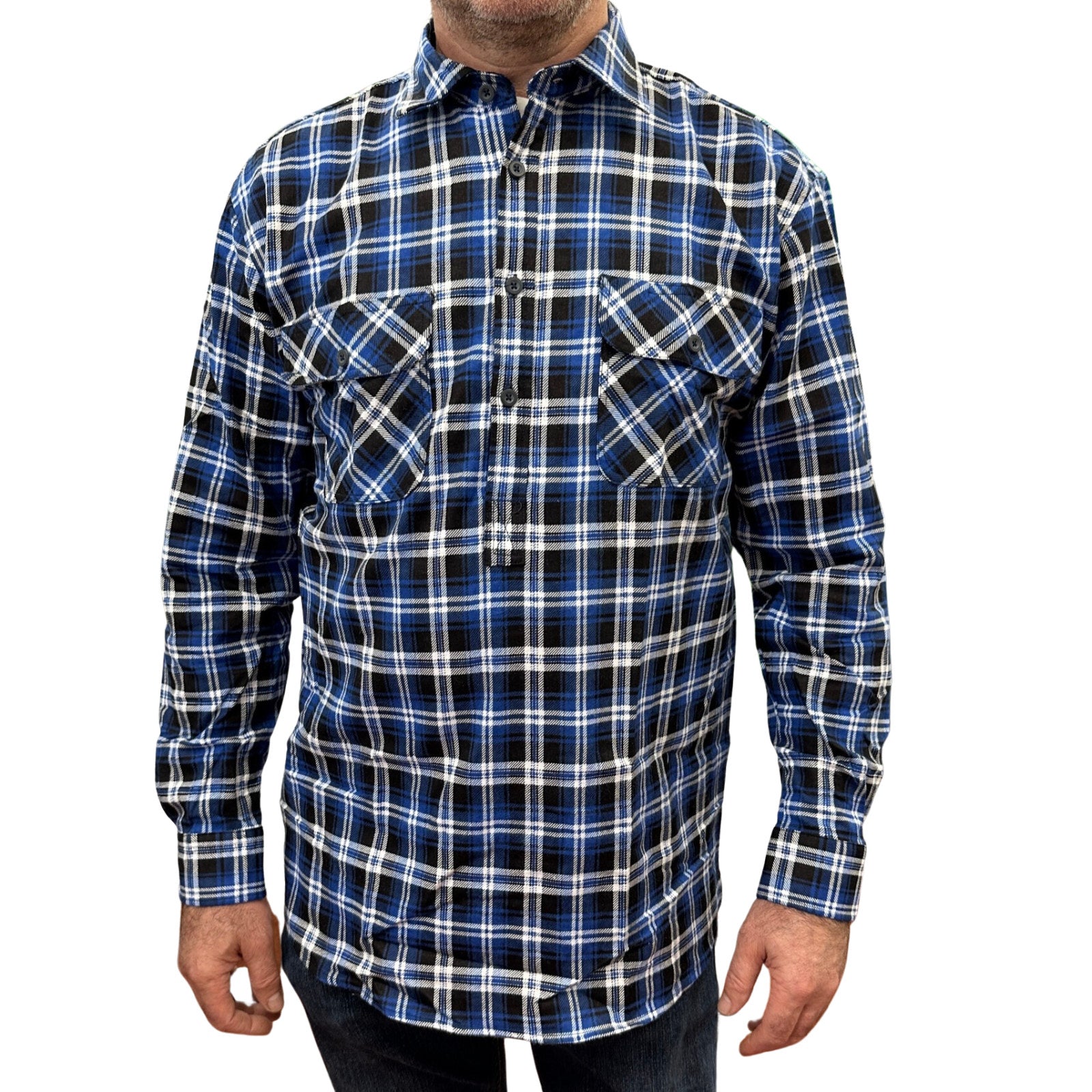 Premium Men's Blue Black 100% Cotton Half Placket Flannelette Shirt XXL