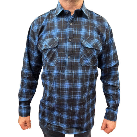 Premium Men's Blue 100% Cotton Half Placket Flannelette Shirt 4XL