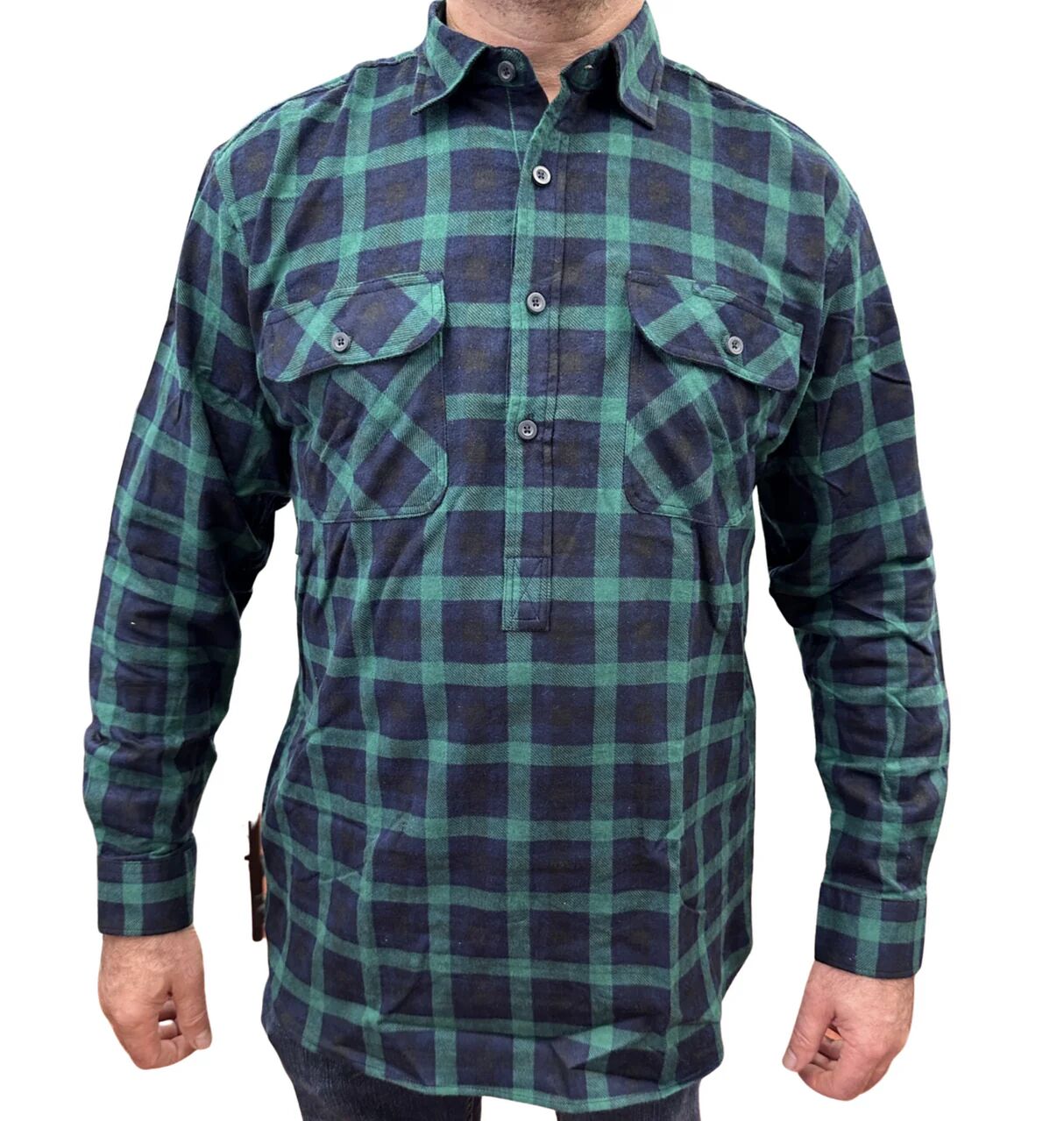Premium Men's Green Navy 100% Cotton Half Placket Flannelette Shirt L