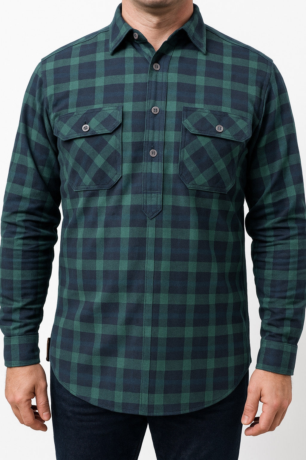 Premium Men's Green Navy 100% Cotton Half Placket Flannelette Shirt XXL