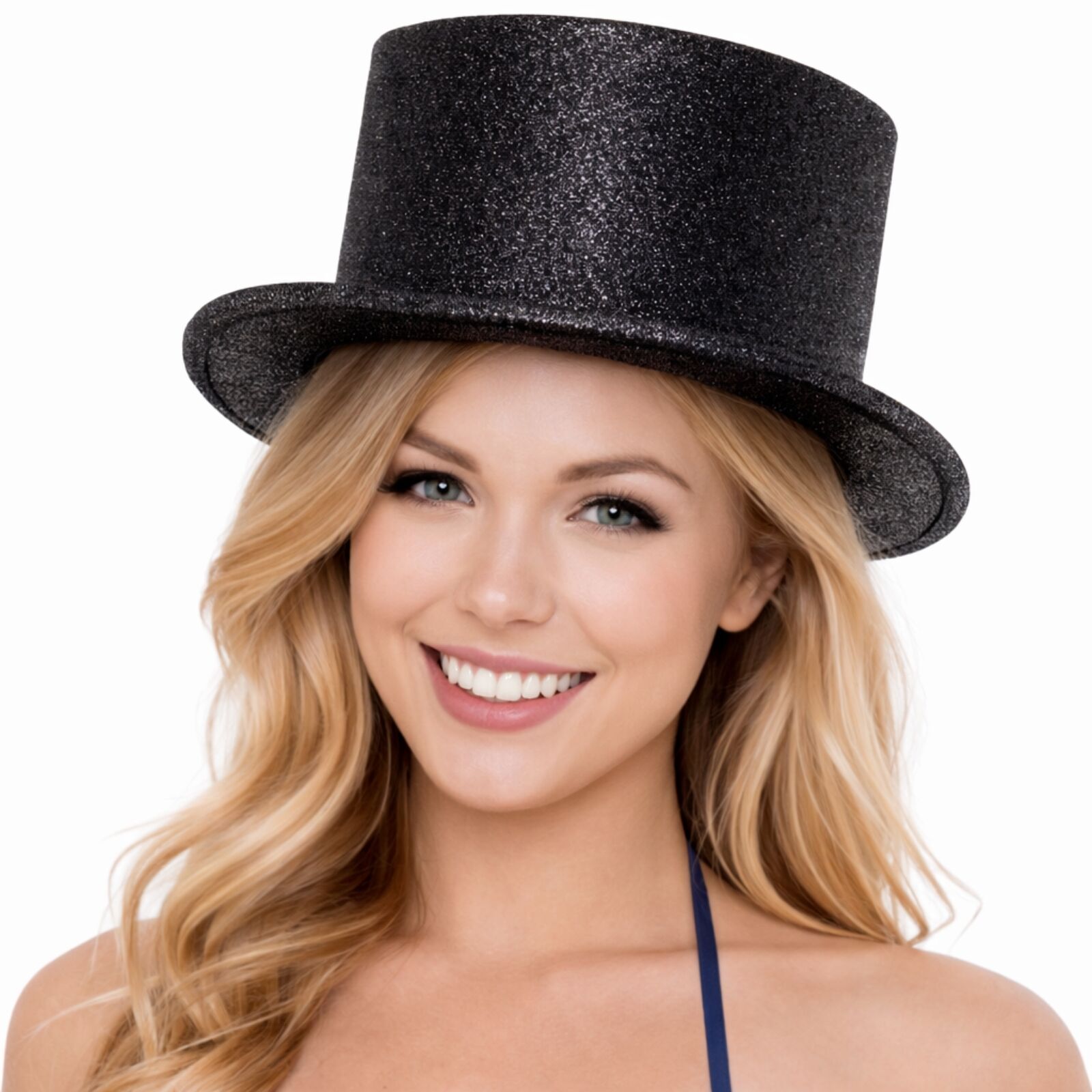Premium Glitter Top Hat with Plastic Construction - Black