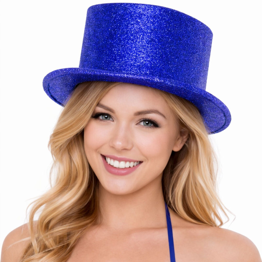 Premium Glitter Top Hat with Plastic Construction - Blue