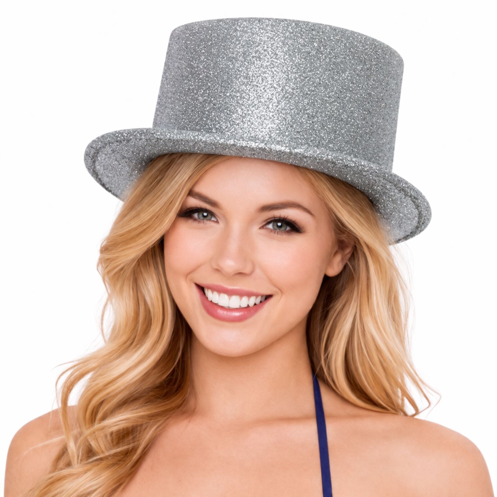 Premium Glitter Top Hat with Plastic Construction - Silver