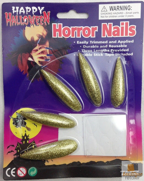 Premium Gold Glitter Horror Nails 10 Pack Halloween Vampire Costume Nail Set