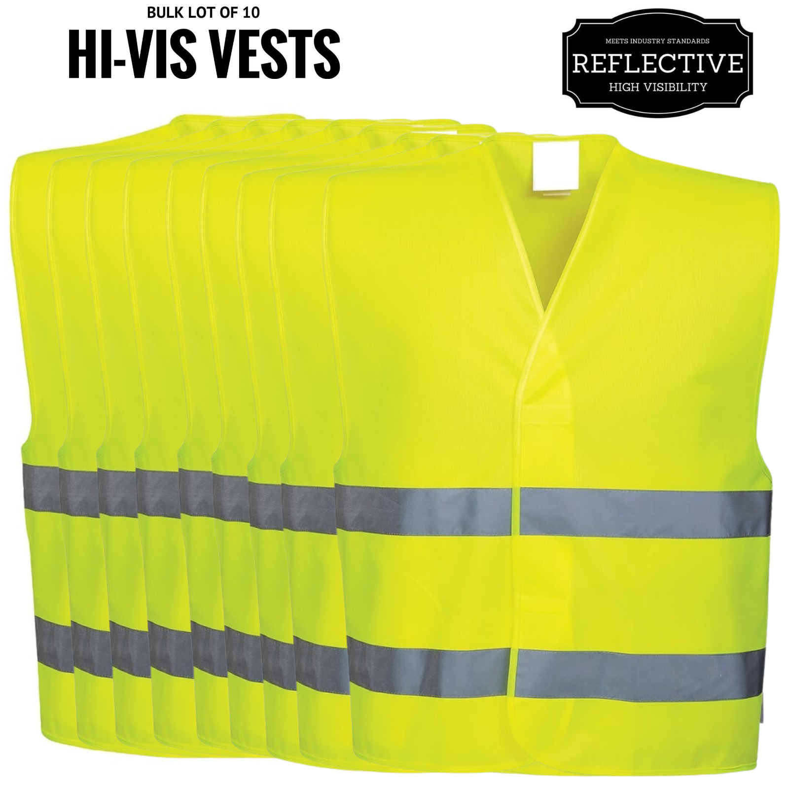 Premium Hi Vis Safety Vest Bulk Pack with Reflective Tape - Yellow, 10 Pack