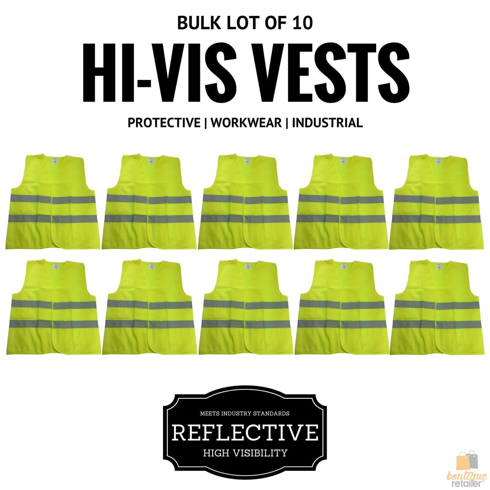 Premium Hi Vis Safety Vest Bulk Pack with Reflective Tape - Yellow, 10 Pack