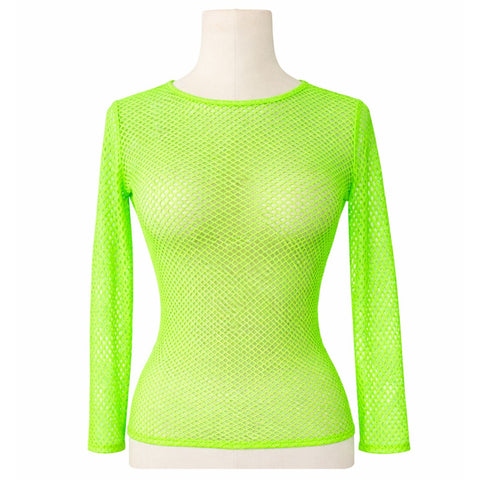 Premium Women's Fluro Green Long Sleeve Fishnet Mesh Sheer Party Top
