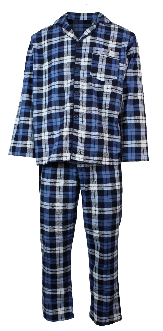 Premium Men's Blue Multi Check 100% Cotton Flannelette Pyjama Set S