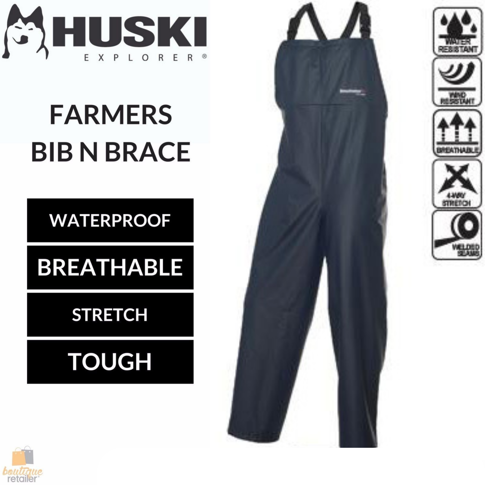 HUSKI Waterproof Bib & Brace Overalls with BREATHETEC Fabric - Navy, XS