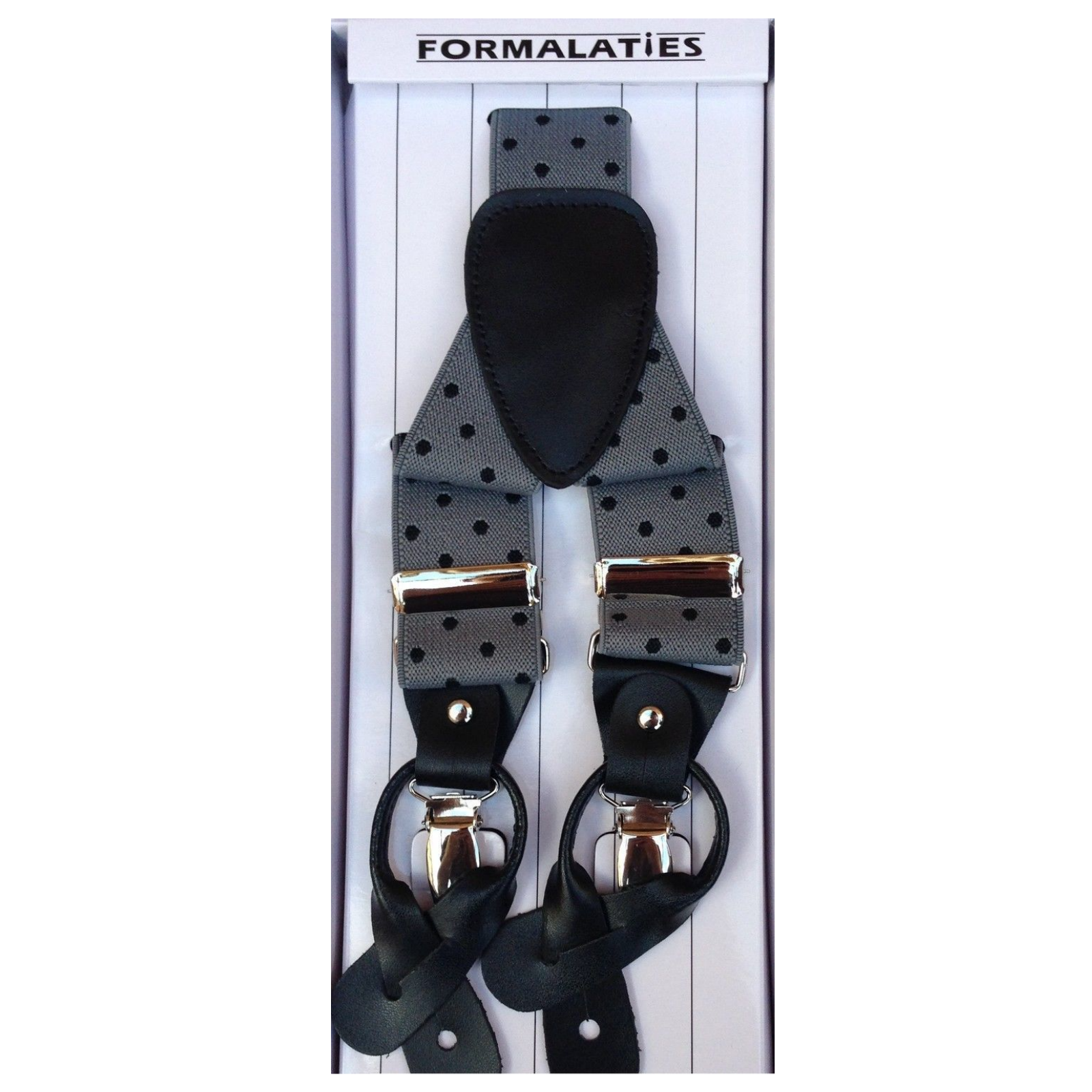 Premium Men's Polka Grey Black Convertible Clip On Y Back Suspenders