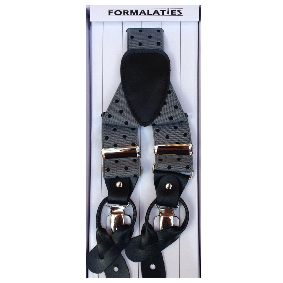 Premium Men's Polka Grey Black Convertible Clip On Y Back Suspenders