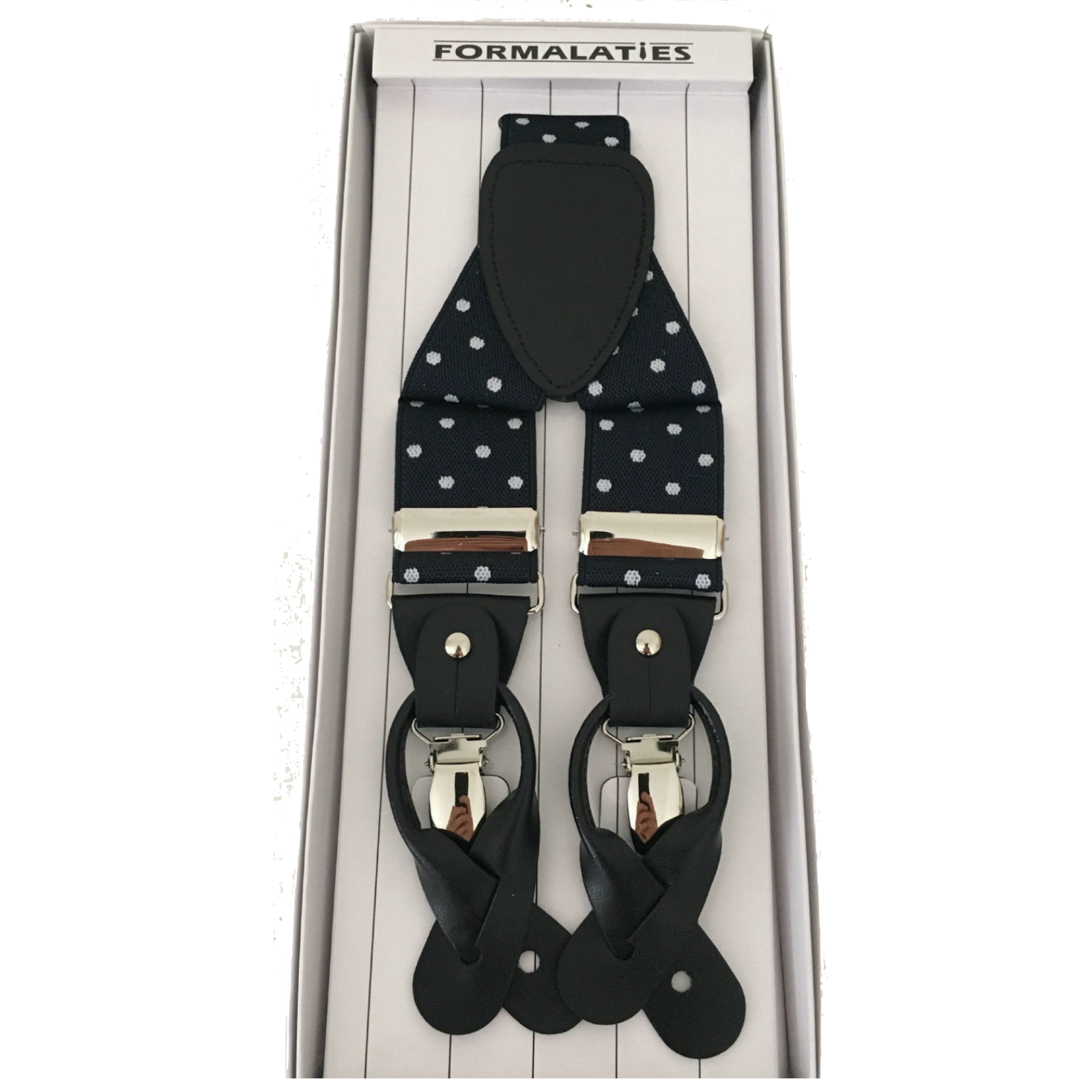 Premium Men's Polka Navy White Convertible Clip On Y Back Suspenders