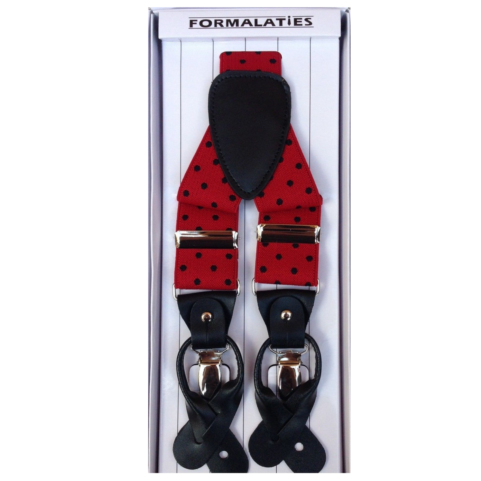 Premium Men's Polka Red Black Convertible Clip On Y Back Suspenders
