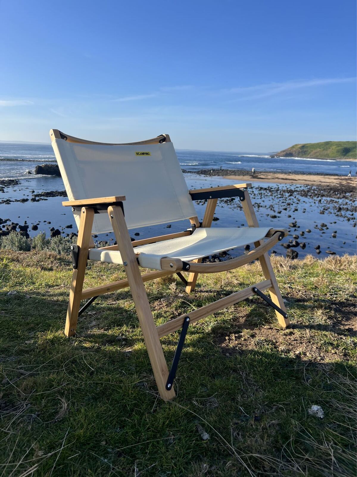 Bamboo Canvas Foldable Camping Chair - Khaki/Beige, 63.5cm Height, Waterproof - SuperSaverAU - view 2
