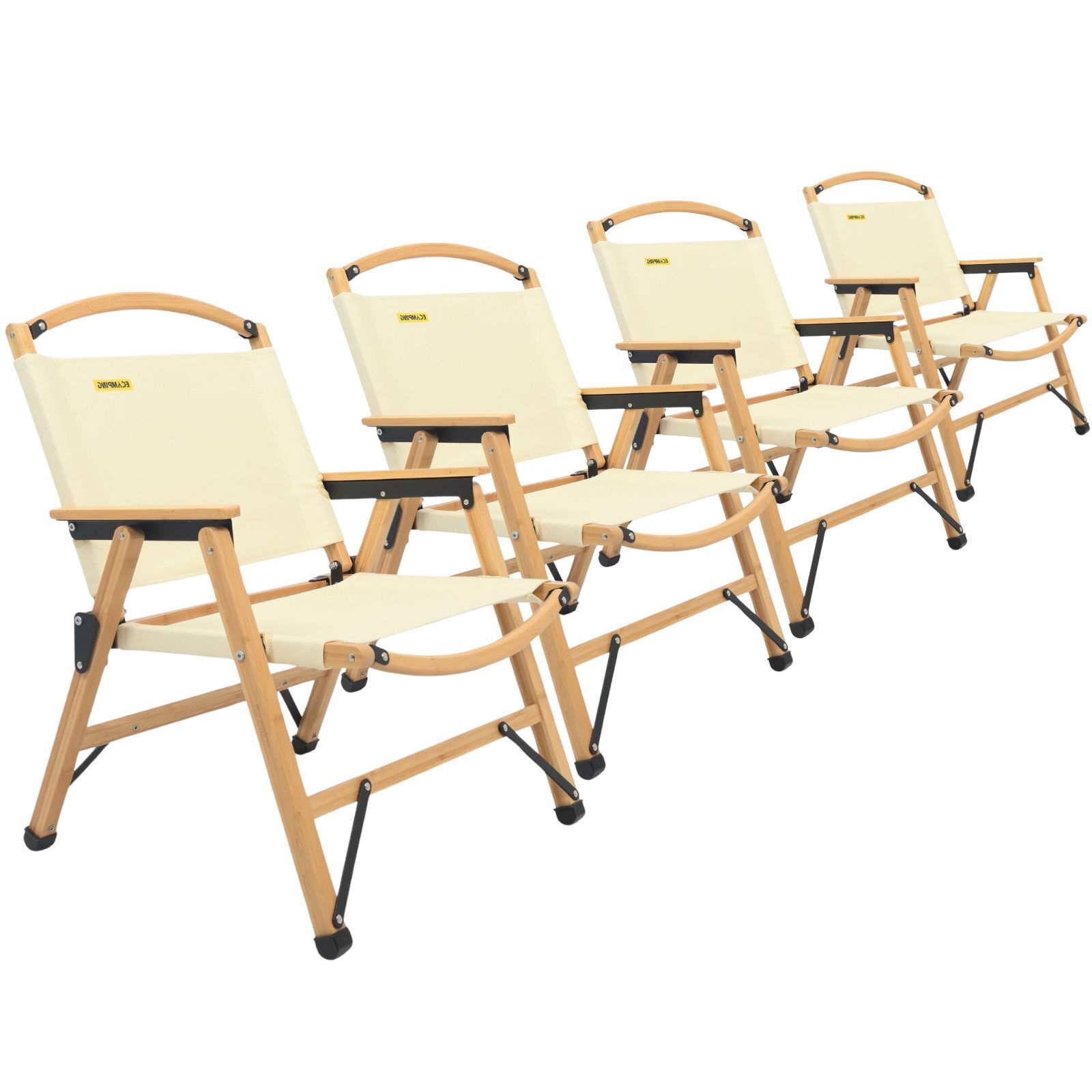 Premium Bamboo Canvas Camping Chairs - 4 Pack, Khaki/Beige