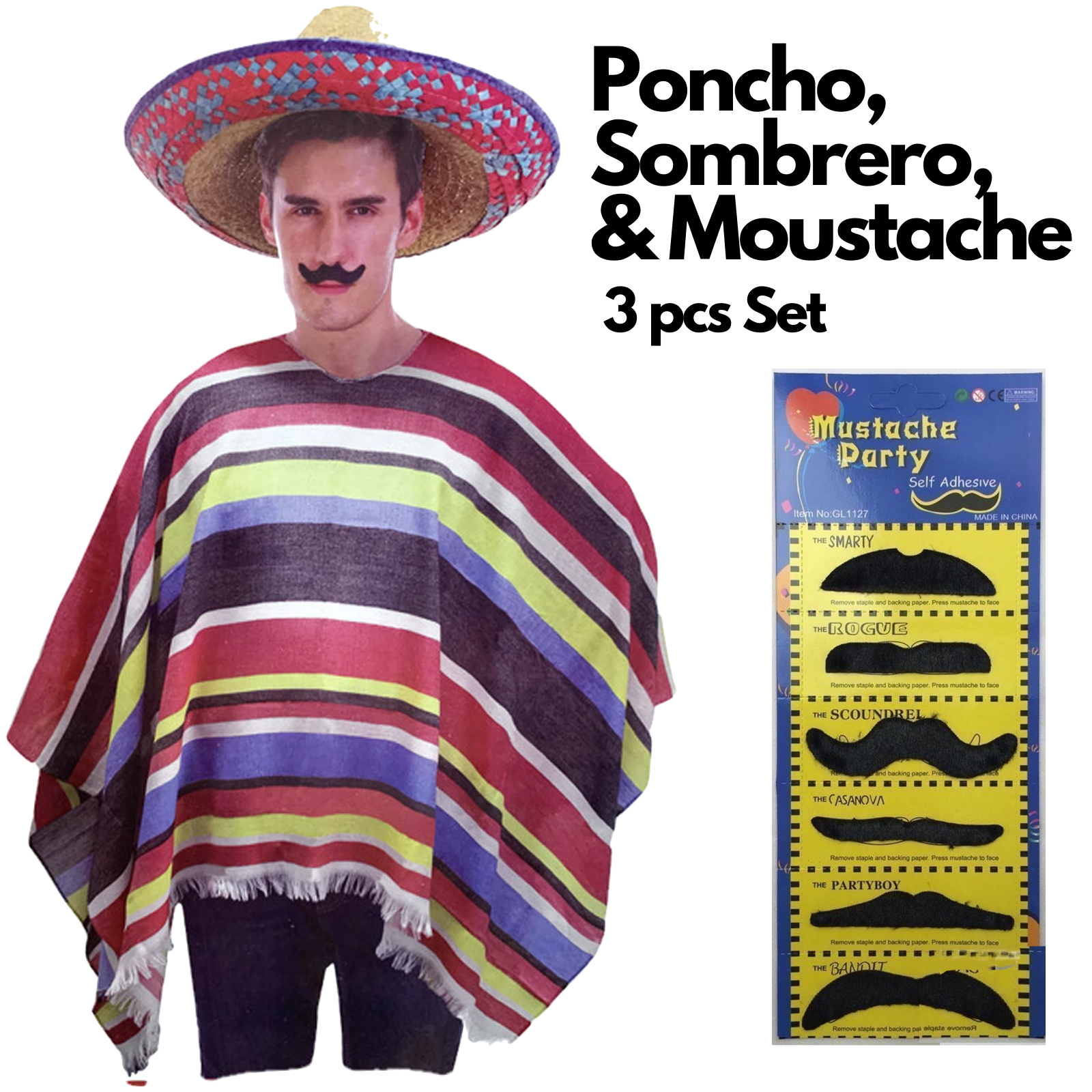 3pc Set Mens Mexican Poncho + Sombrero + Moustache Spanish Cowboy Costume Party - SuperSaverAU - view 1