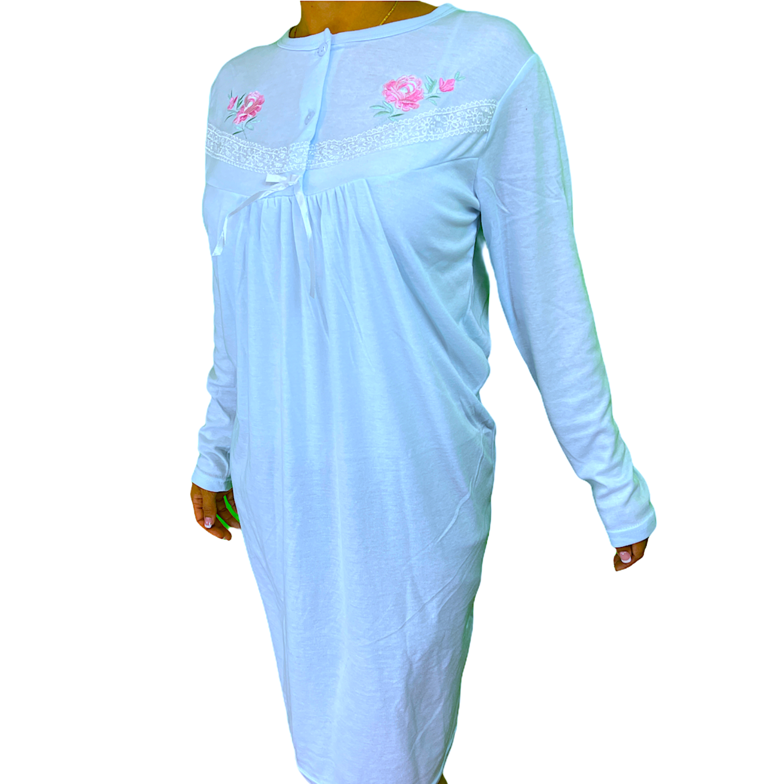 Premium Women's Blue Cotton Long Sleeve Lace Nightie Size 18