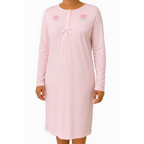 Premium Women's Pink Cotton Long Sleeve Lace Nightie Size 18