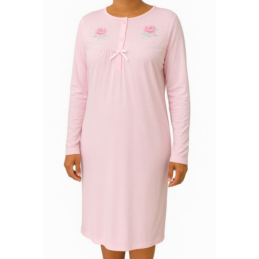 Premium Women's Pink Cotton Long Sleeve Lace Nightie Size 22