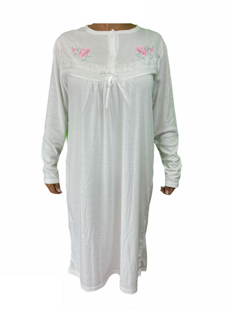 Premium Women's White Cotton Long Sleeve Lace Nightie Size 18