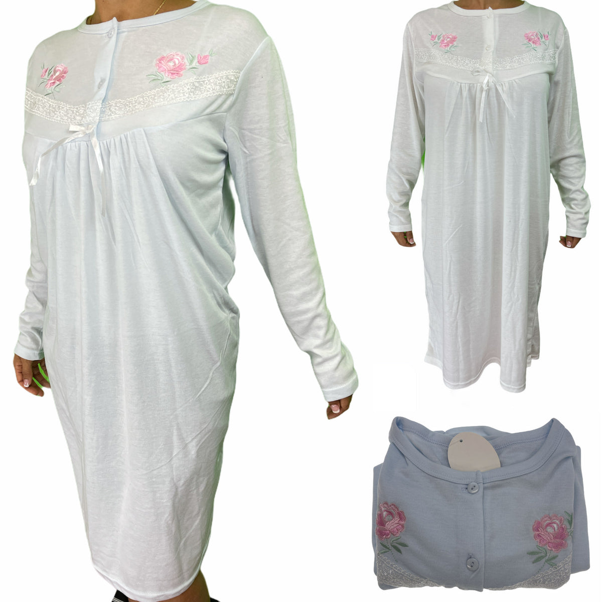 Premium Women's White Cotton Long Sleeve Lace Nightie Size 18
