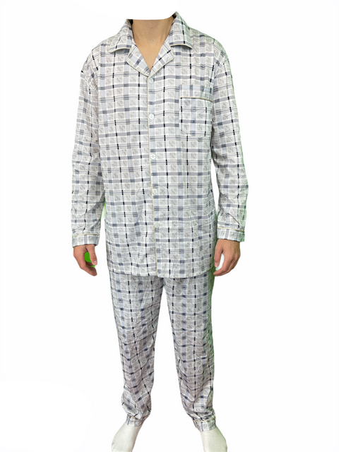 Premium Men's White Blue 100% Cotton Button Up Pyjama Set L