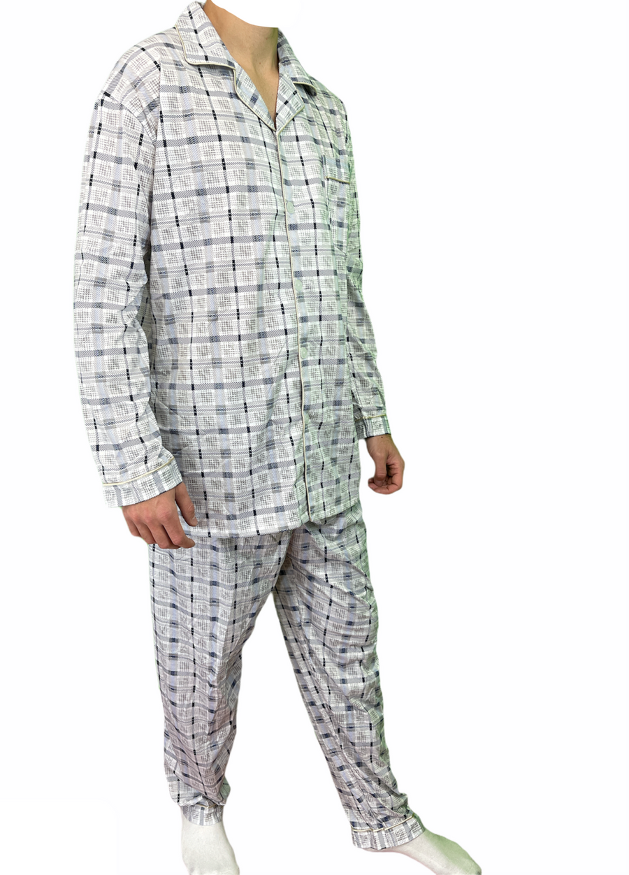 Premium Men's White Blue 100% Cotton Long Sleeve Pyjama Set M