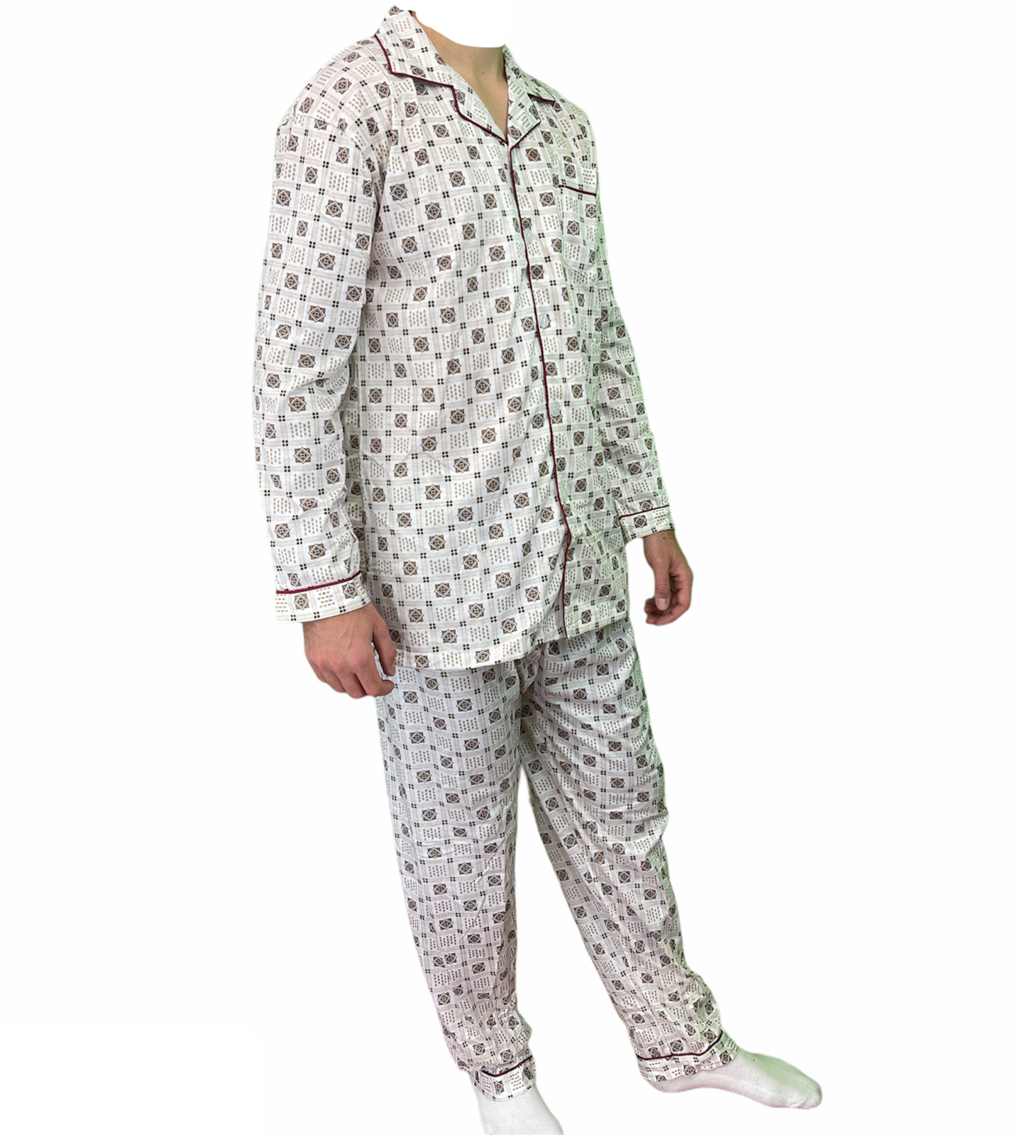 Premium Men's White Brown 100% Cotton Long Sleeve Pyjama Set XL