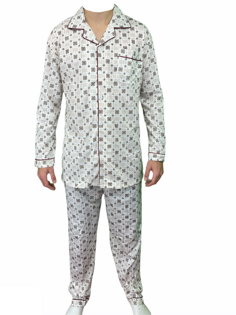 Premium Men's White Brown 100% Cotton Long Sleeve Pyjama Set XXL