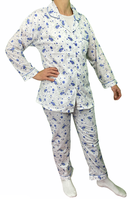 Womens PYJAMAS PJs Set Pajamas Ladies Cotton PJ Womens Long Sleeve Sleepwear - Blue - 20