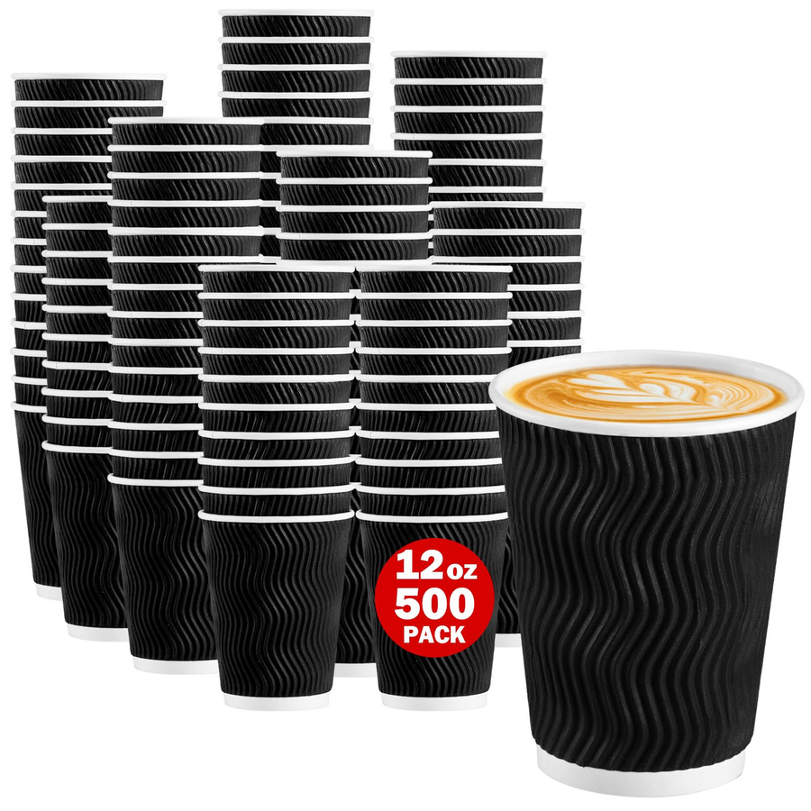 500x Triple Wall Coffee Cups (12oz) Disposable Takeaway BPA Free Paper Bulk in Black - SuperSaverAU - view 1