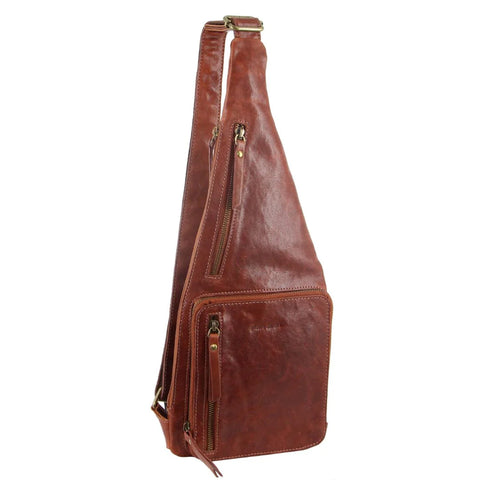 Pierre Cardin Men's Rustic Leather Sling Bag - Chestnut