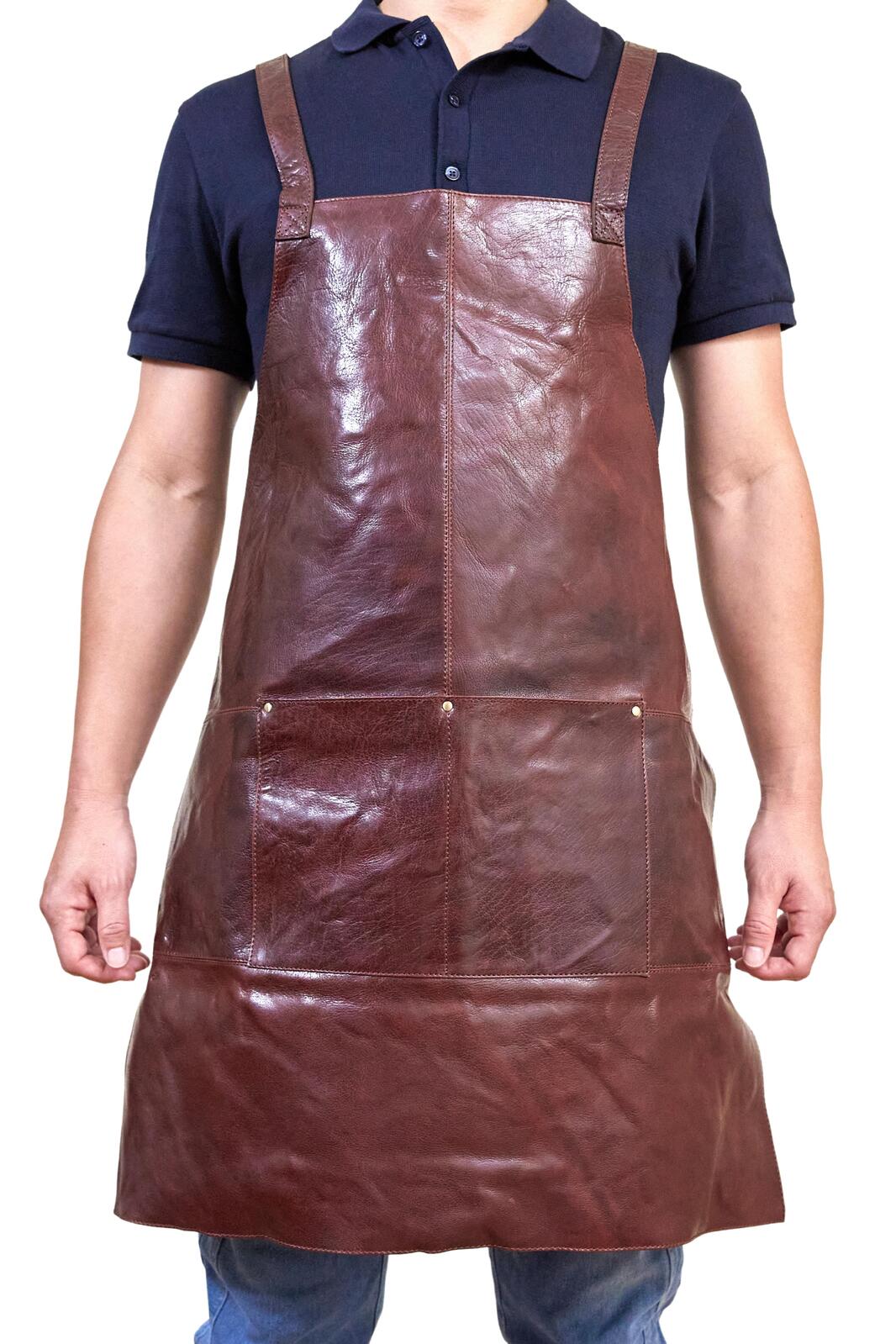 Pierre Cardin Professional Leather Apron with 2 Front Pockets - Chestnut