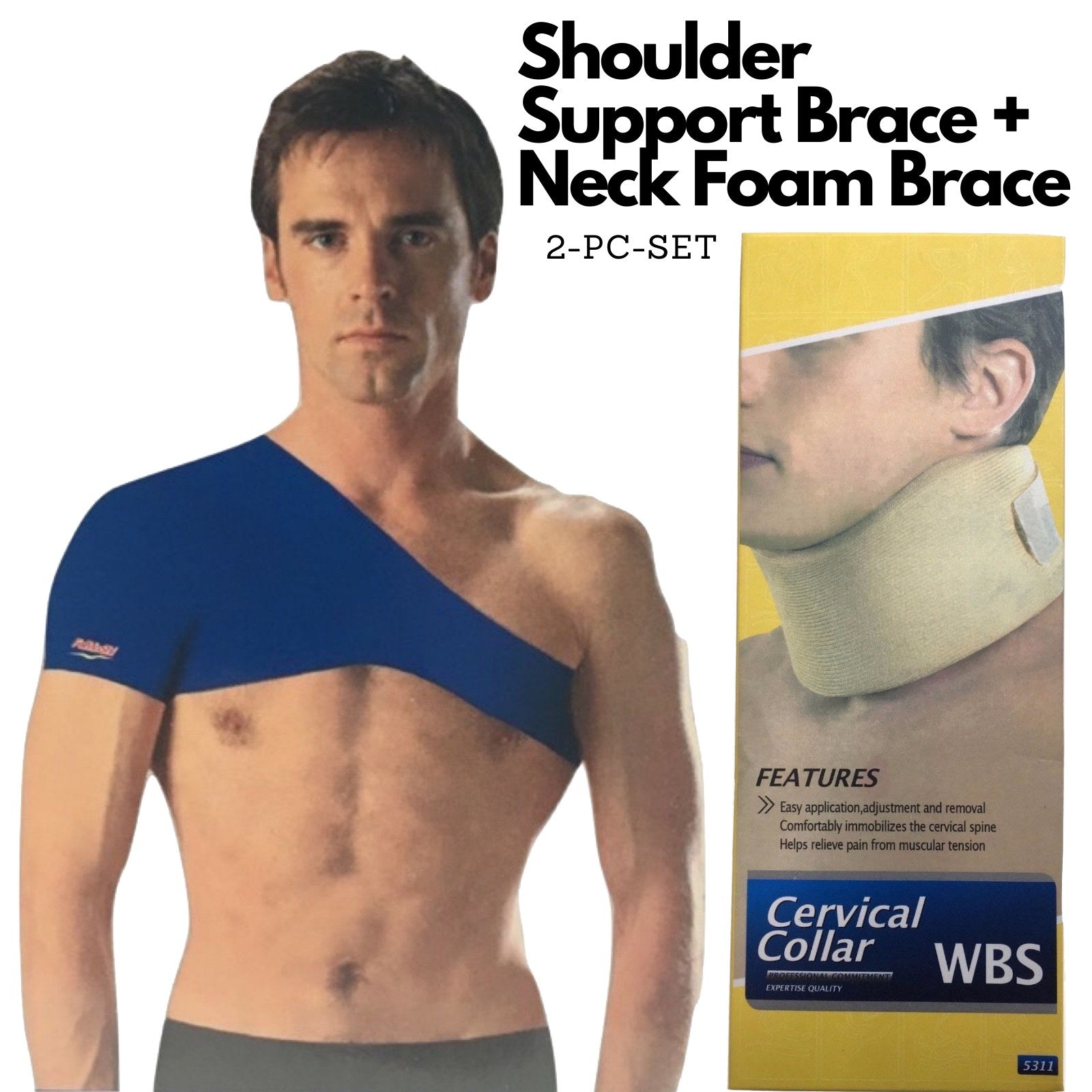 Premium Shoulder Support Brace and Cervical Foam Neck Collar 2 Piece Support Set