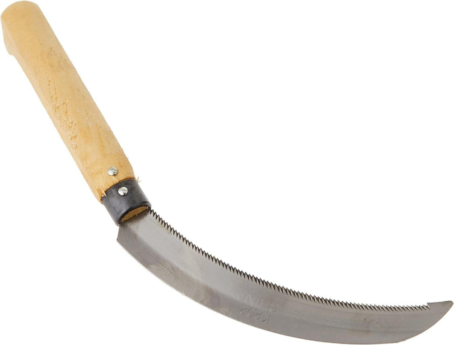 Premium 36cm Farming Sickle with Serrated Carbon Steel Blade & Wooden Handle