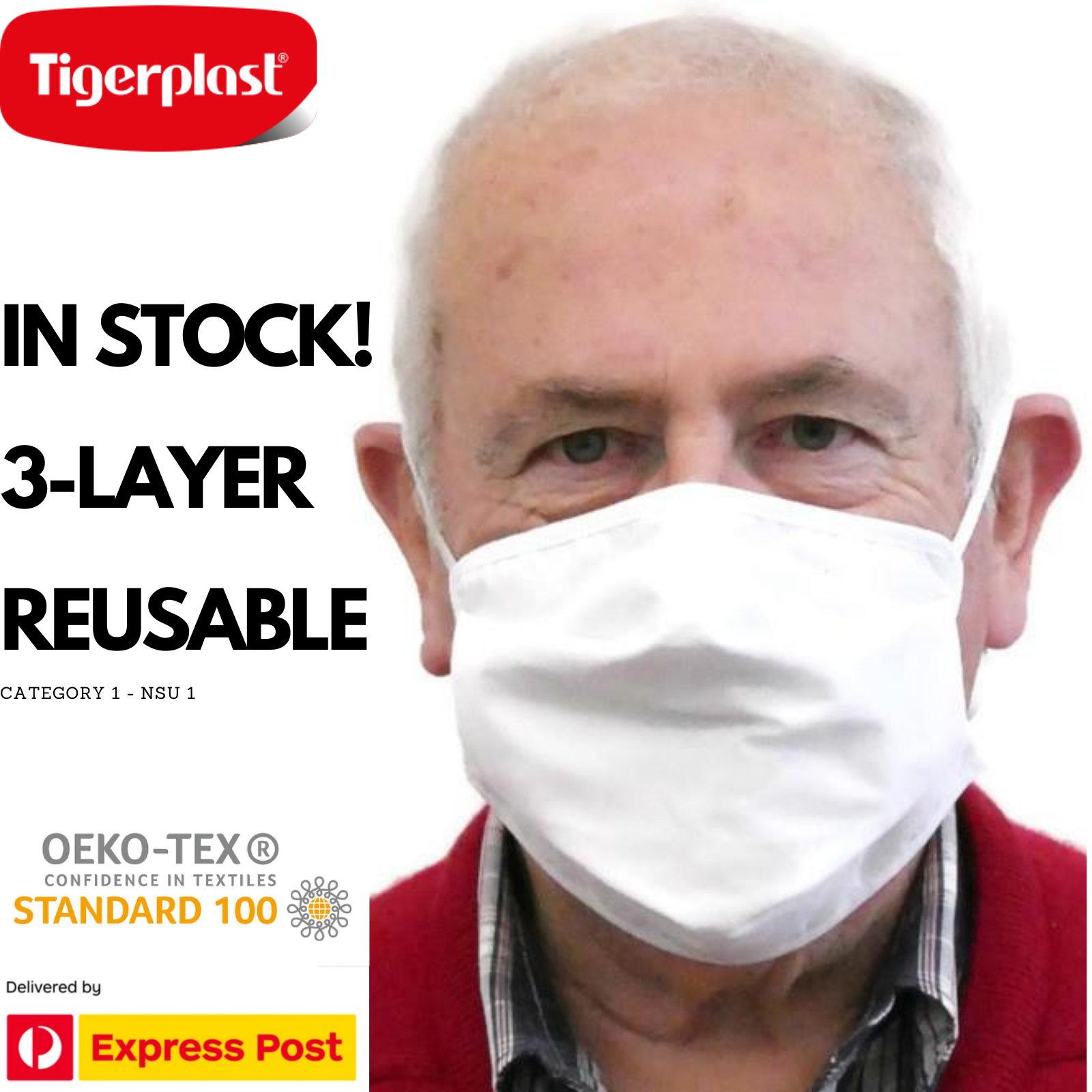 TIGERPLAST Fabric Face Mask Washable Reusable Mask Protect Anti-Microbial Mouth Cover - White - SuperSaverAU - view 2