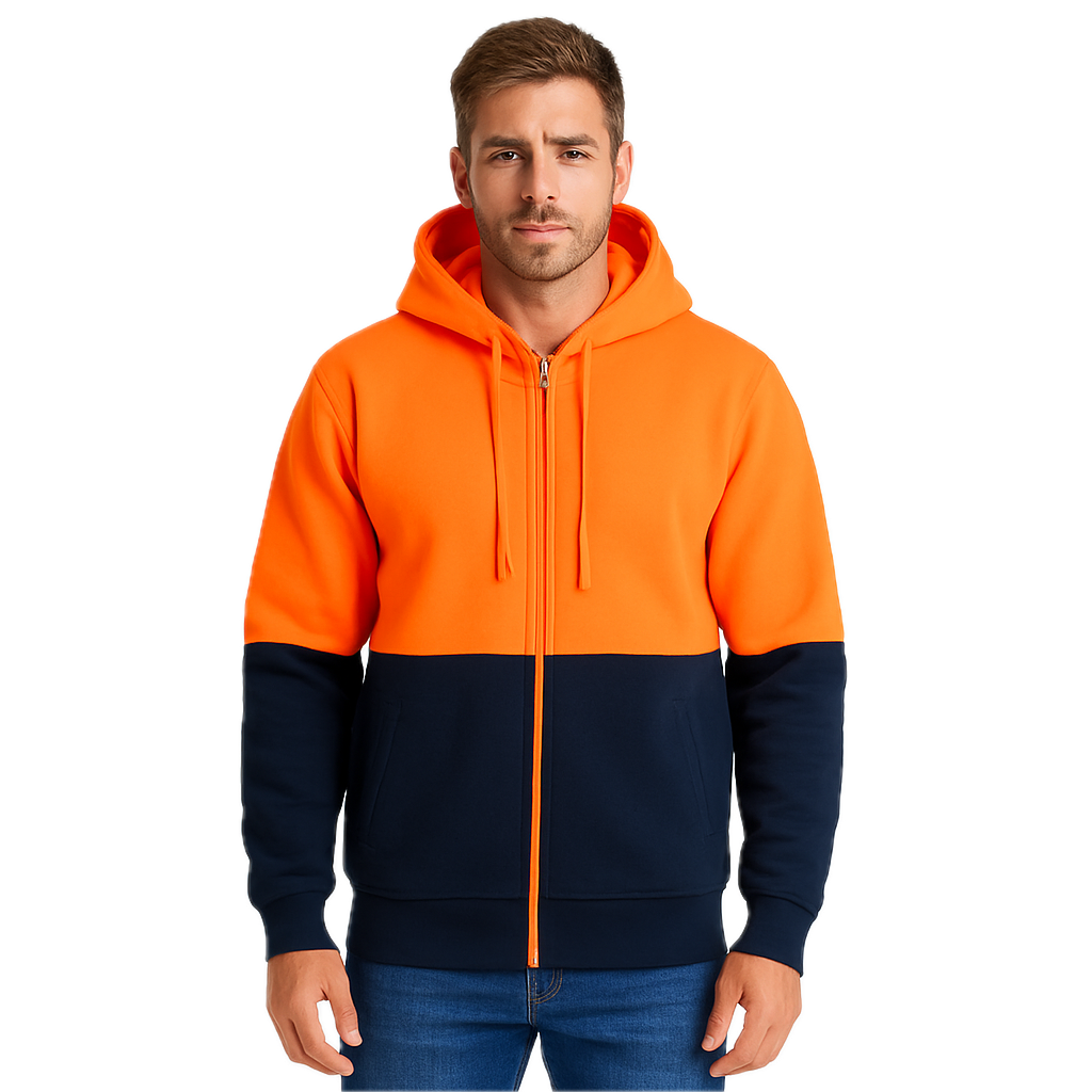 Premium Impel Orange Navy Hi Vis Full Zip Fleecy Safety Hoodie 3XL