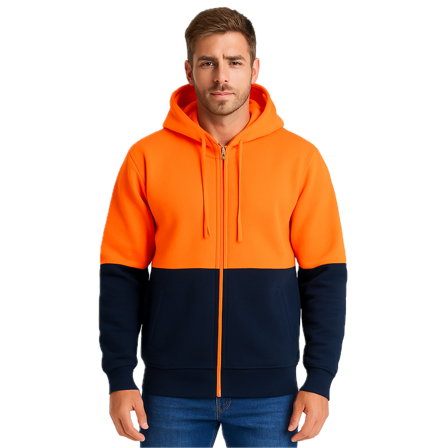Premium Impel Orange Navy Hi Vis Full Zip Fleecy Safety Hoodie S