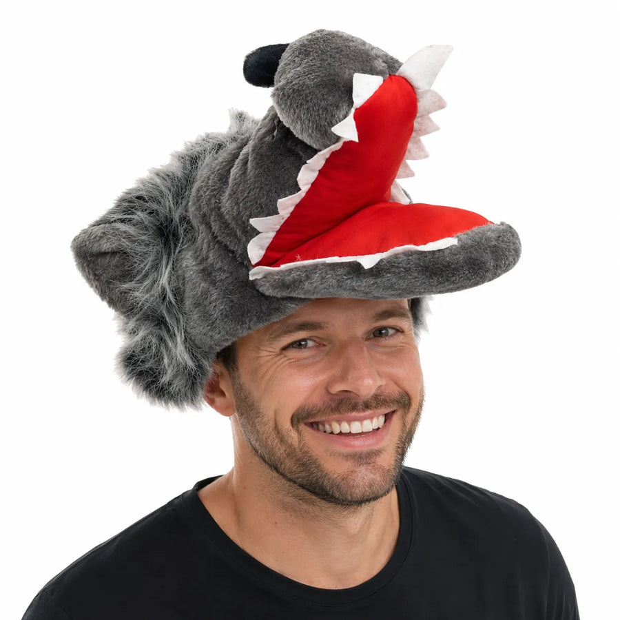 Premium Plush Wolf Hat with Open Mouth Design - Grey
