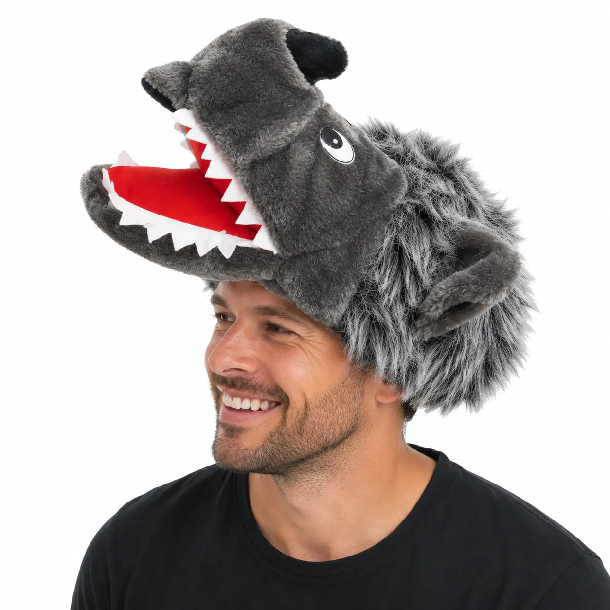 Premium Plush Wolf Hat with Open Mouth Design - Grey