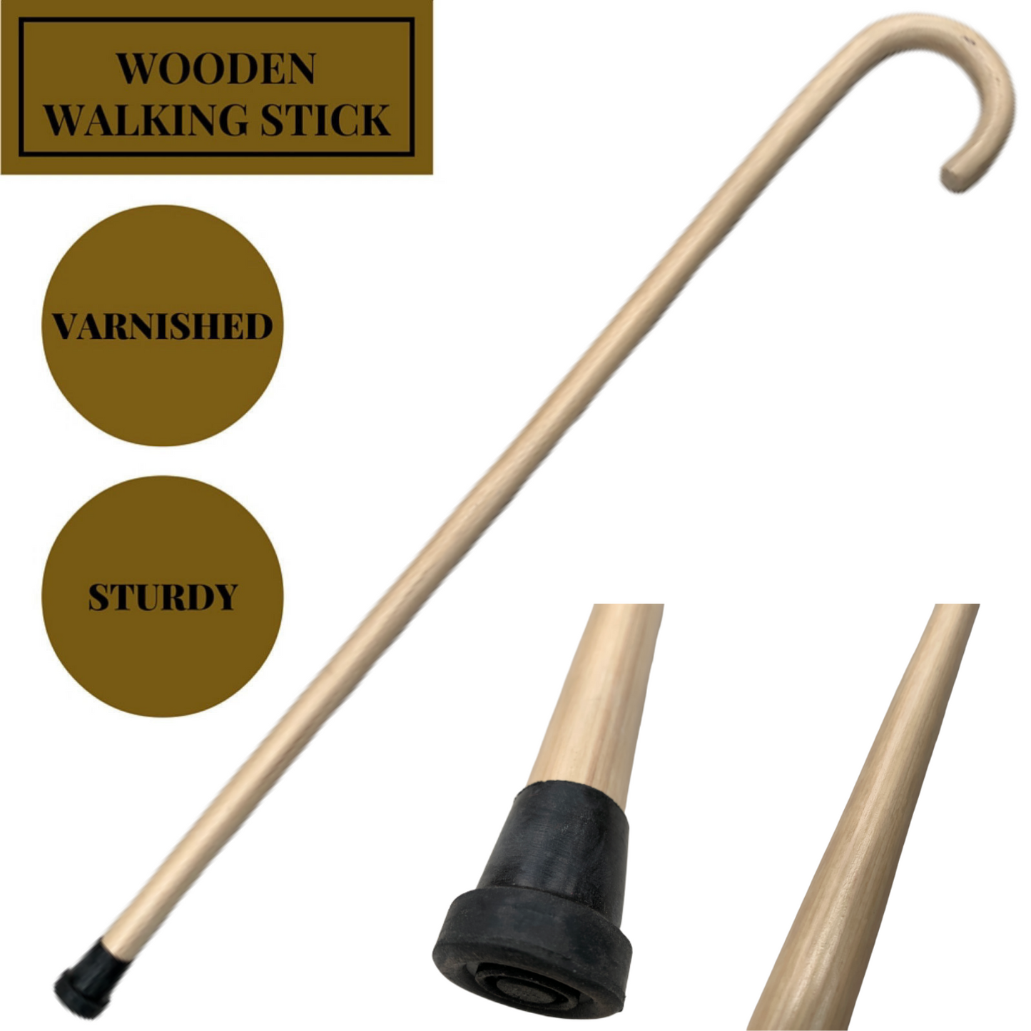 Wooden Lacquered Walking Stick 93cm - Sturdy, Varnished, Nonslip Ferrule, Beige