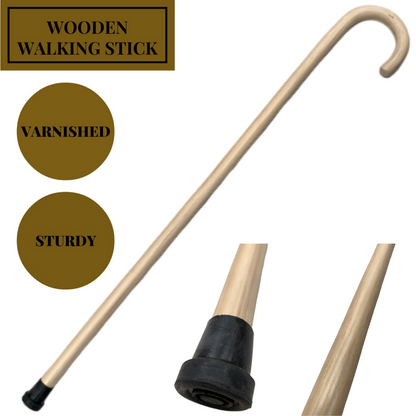 Wooden Lacquered Walking Stick 93cm - Sturdy, Varnished, Nonslip Ferrule, Beige