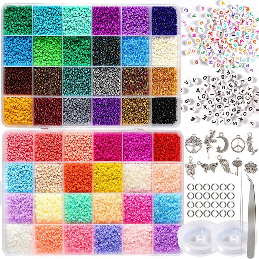 TheliCraft DIY Jewelry Making Kit: 35000PCS 2mm Glass Seed Beads & Alphabet Beads Set